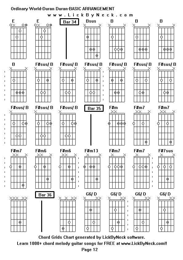 Chord Grids Chart of chord melody fingerstyle guitar song-Ordinary World-Duran Duran-BASIC ARRANGEMENT,generated by LickByNeck software.